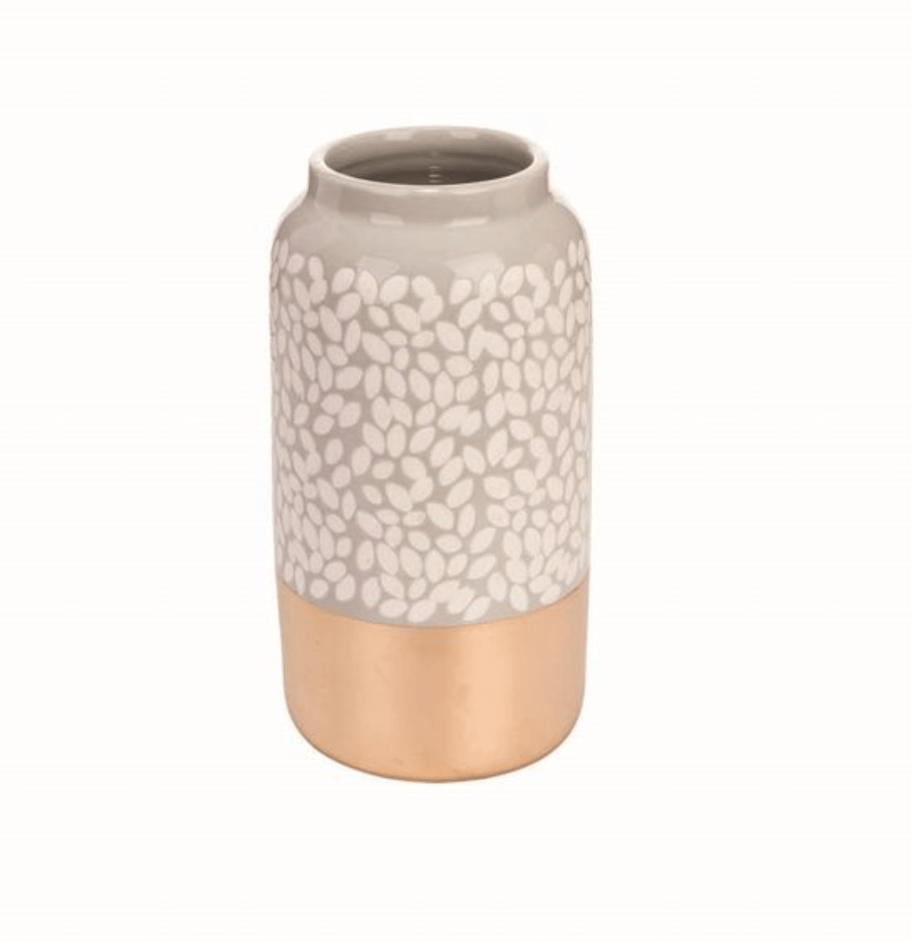 Heather Gray ceramic vase with a metallic base, perfect for brightening any space, water-tight and ideal for holding floral arrangements.