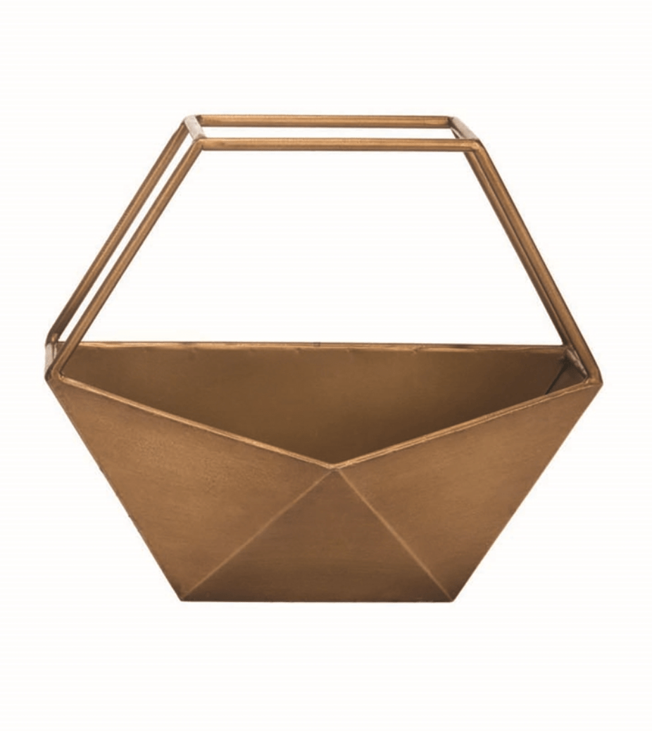 gemma bronze planter with geometric metal base and iron bars, perfect for showcasing plants indoors or outdoors, stands or hangs on walls