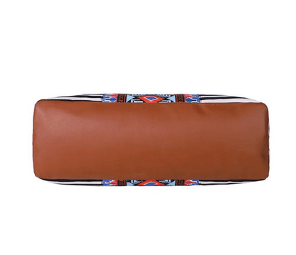Aztec Weekender Bag with colorful pattern, organized interior, and elegant gold accents, great for weekend getaways or gifts.