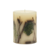 forest small round botanical candle with cedarwood, pine, and sandalwood scents, handcrafted with natural elements, 120-hour burn time