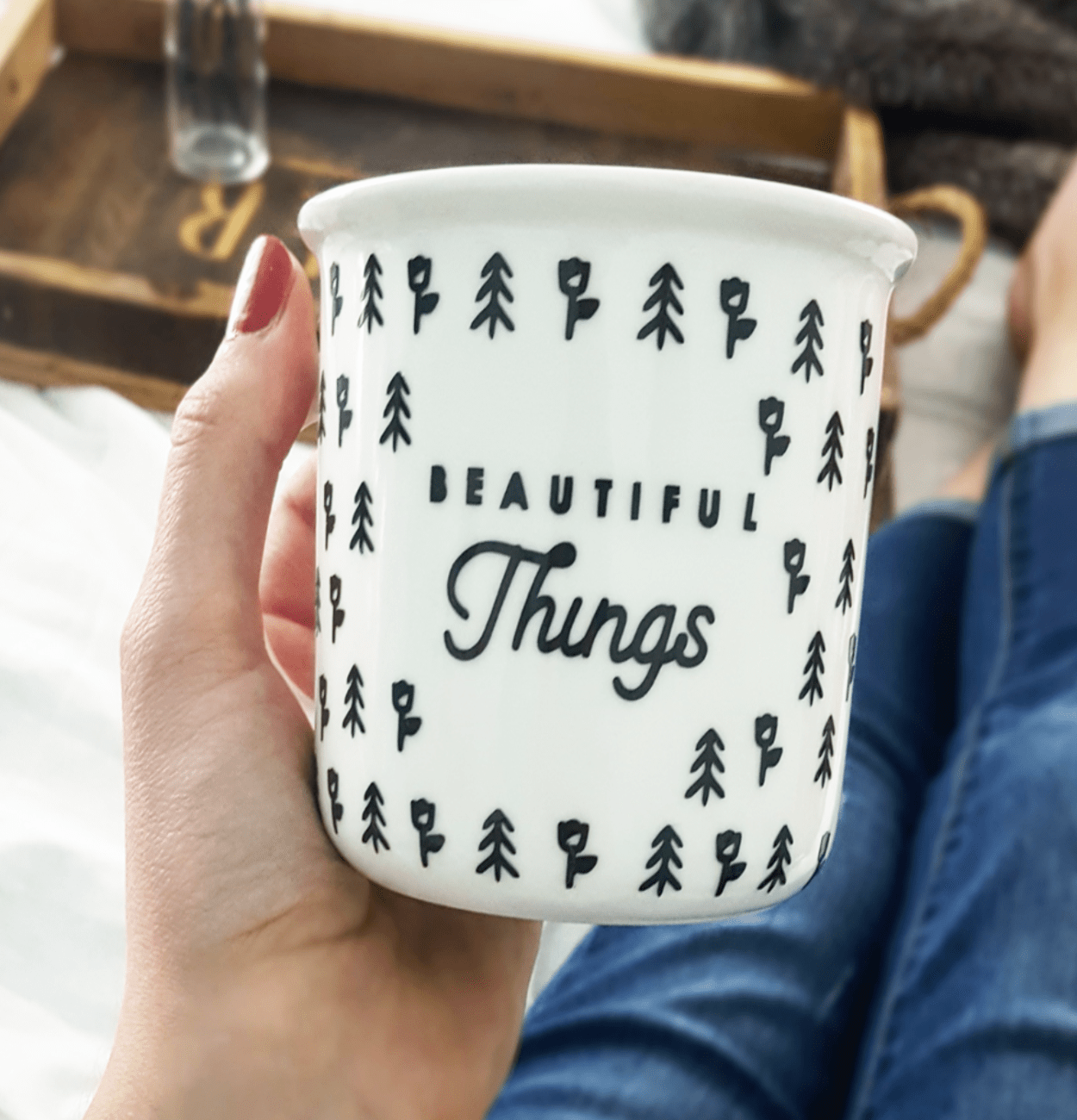 Beautiful Things northwest campfire mug, 13 oz, made from bone china porcelain, perfect for outdoor use and daily inspiration.
