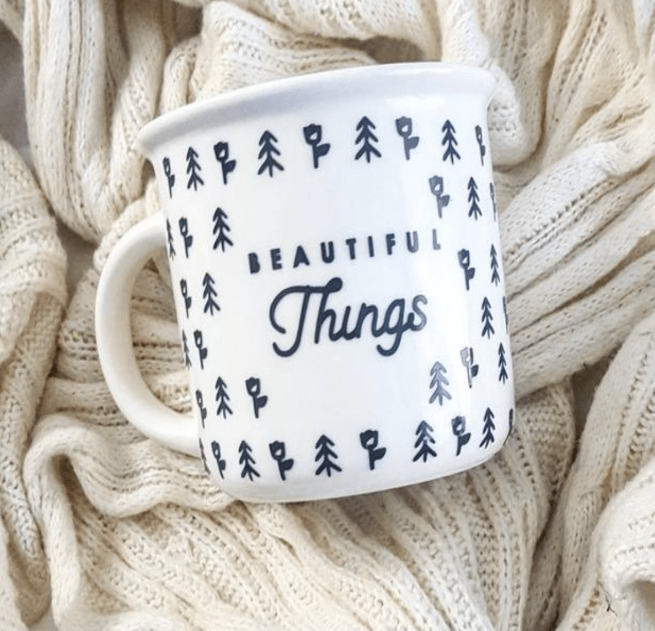 Sturdy 13 oz Beautiful Things campfire mug with large handle, crafted from professional-grade porcelain for outdoor use.