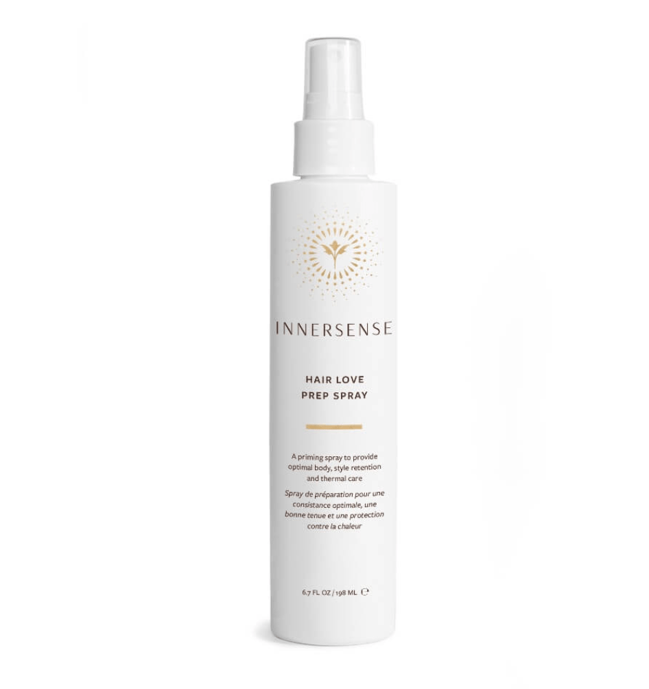 Innersense Organic Hair Love Prep Spray, with Vitamin B, rice protein, and baobab, provides body, shine, and thermal care for all hair types