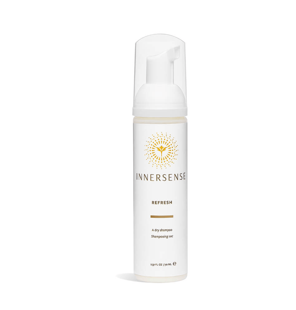 Innersense Organic Refresh Dry Shampoo with tapioca starch and witch hazel, absorbs oil, adds body, and renews second-day hair for all types