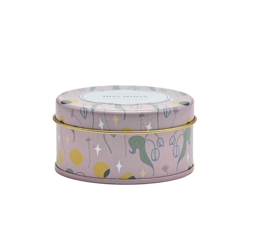 Iris Moon Travel Tin candle with coconut wax, dual wicks, and notes of jasmine, violet, apricot, and patchouli, perfect for travel or gifting