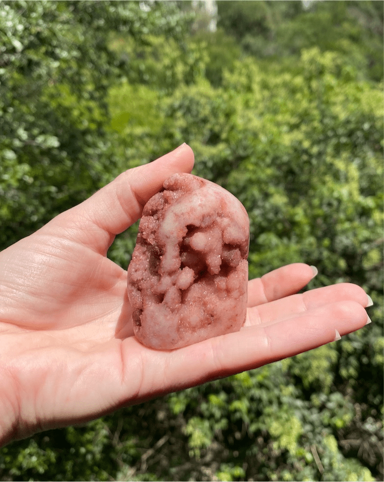 Polished Rose Specimen Crystal with pink crystals in a geode, surrounded by rose jasper, offering peace and stress relief
