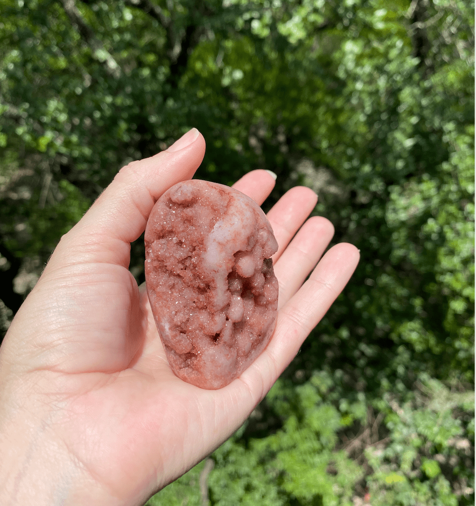 Polished Rose Specimen Crystal with microcrystalline quartz over rose jasper, supporting stress relief and emotional balance