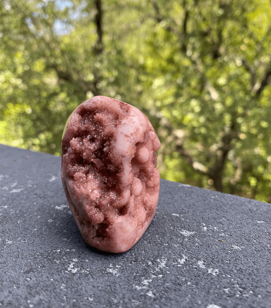 Rose Specimen Crystal with glittering pink geode crystals and rose jasper, known for nurturing and promoting tranquility