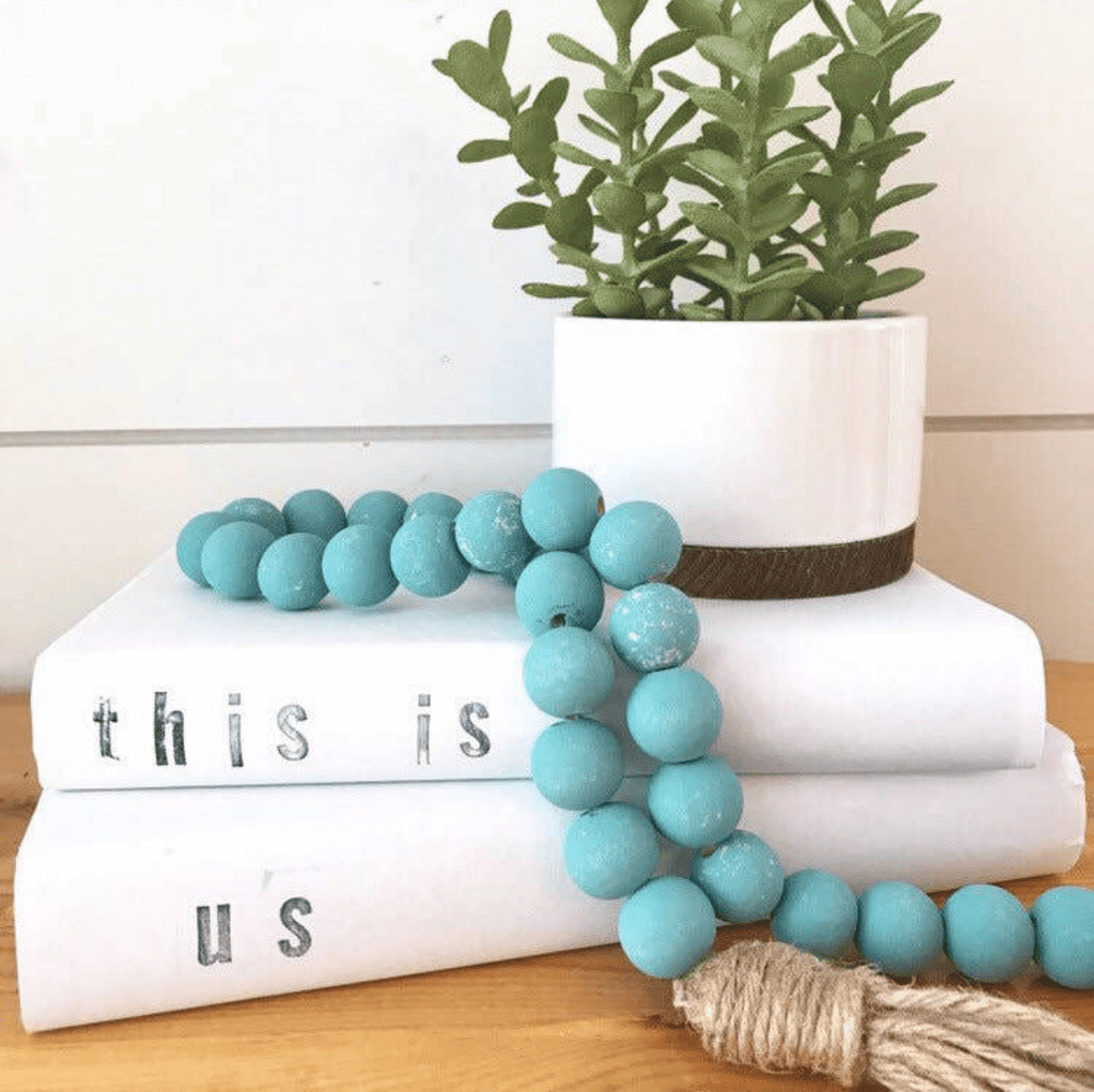 Zoe Beaded Garland in Robin Egg – hand-painted natural wood beads, perfect for adding a charming farmhouse touch to your decor
