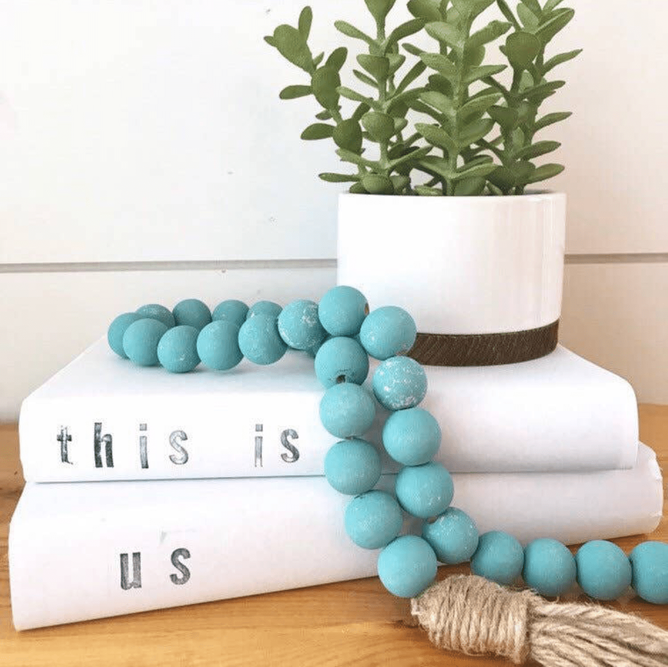 Zoe Beaded Garland in Robin Egg – hand-painted natural wood beads, perfect for adding a charming farmhouse touch to your decor