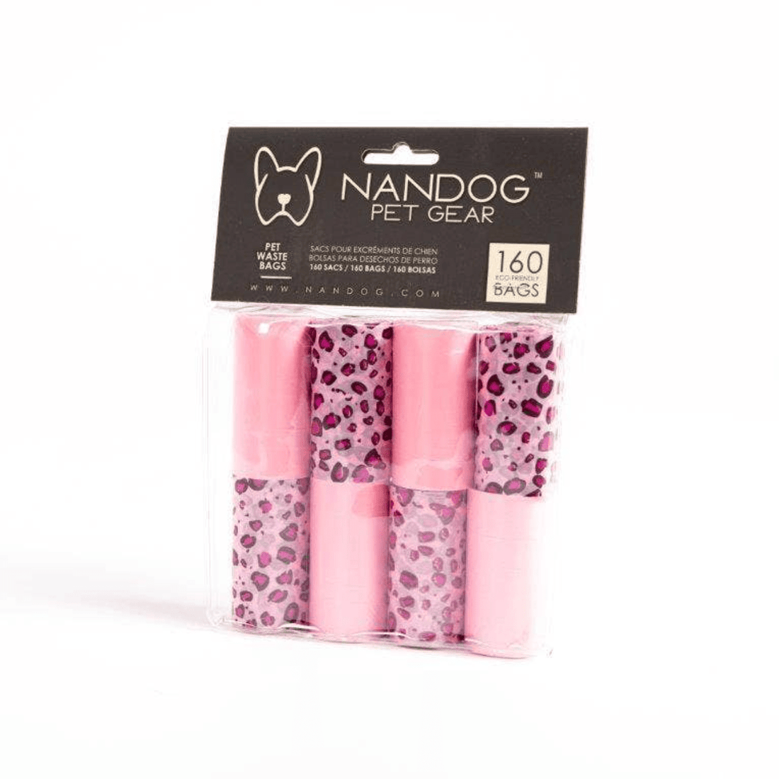 Pink Leopard Poop Bags with fun leopard print, eco-friendly pet waste bags for stylish and convenient cleanup on walks