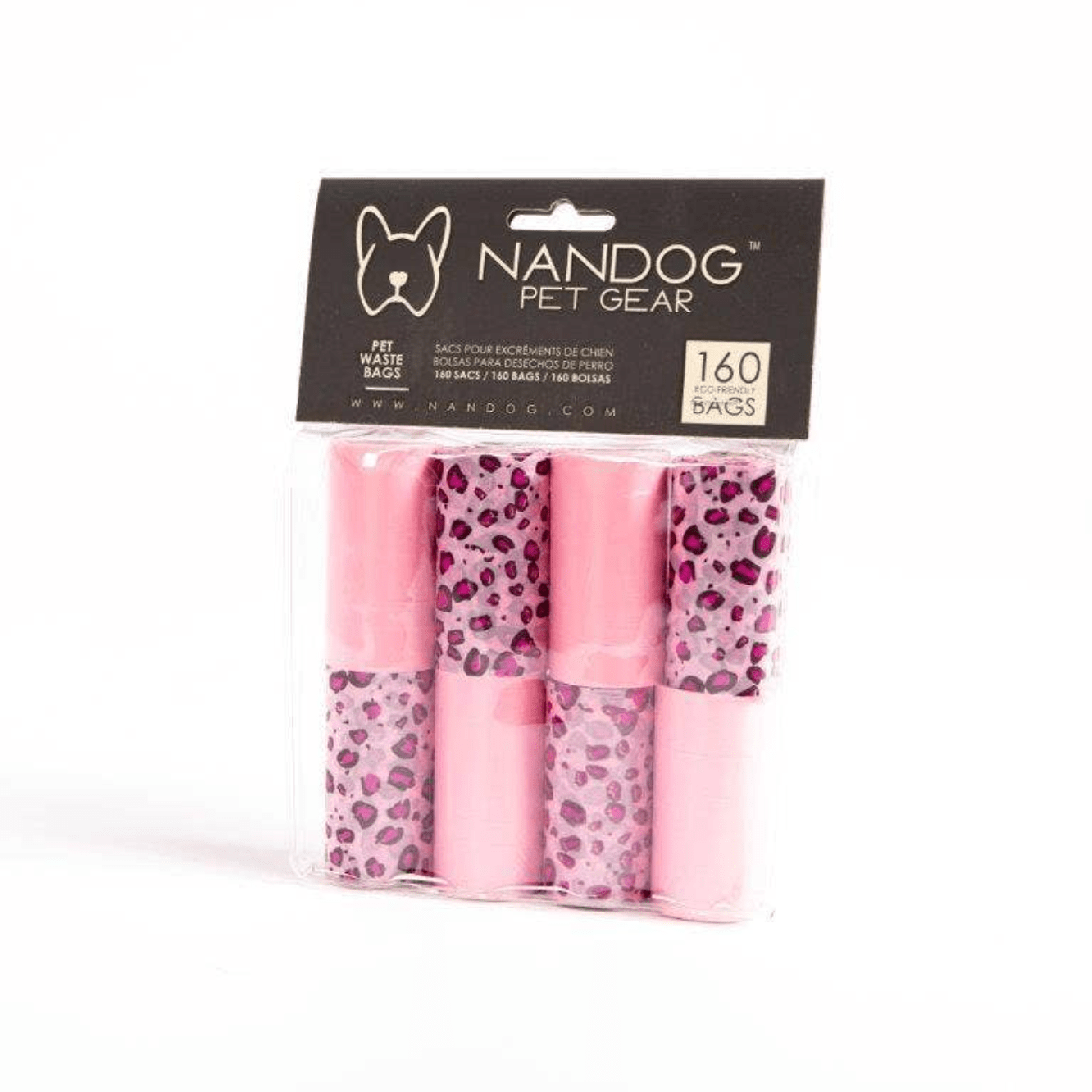 Pink Leopard Poop Bags with fun leopard print, eco-friendly pet waste bags for stylish and convenient cleanup on walks