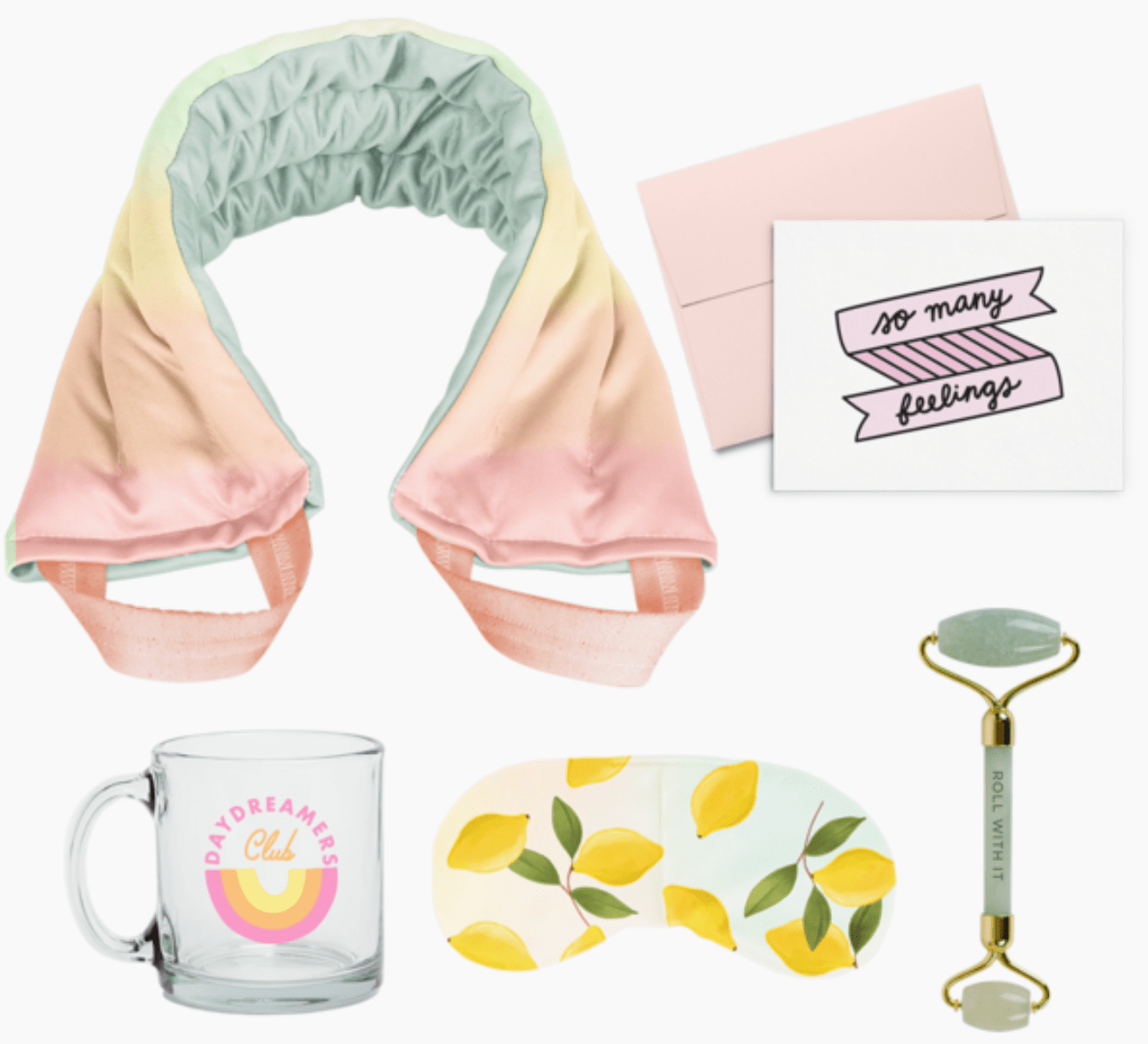 daybreak selfie-care kit with glass mug, weighted eye mask, neck wrap, face stone roller, and letter-pressed card in a colorful box