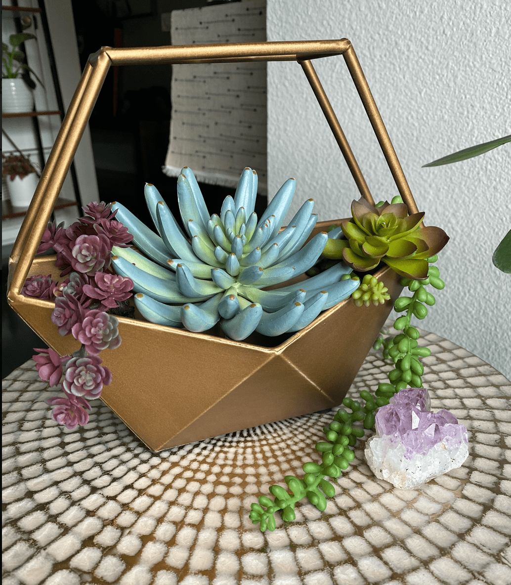 bronze geometric gemma planter, ideal for indoor or outdoor plants, features iron bars and keyhole hangers for easy wall hanging