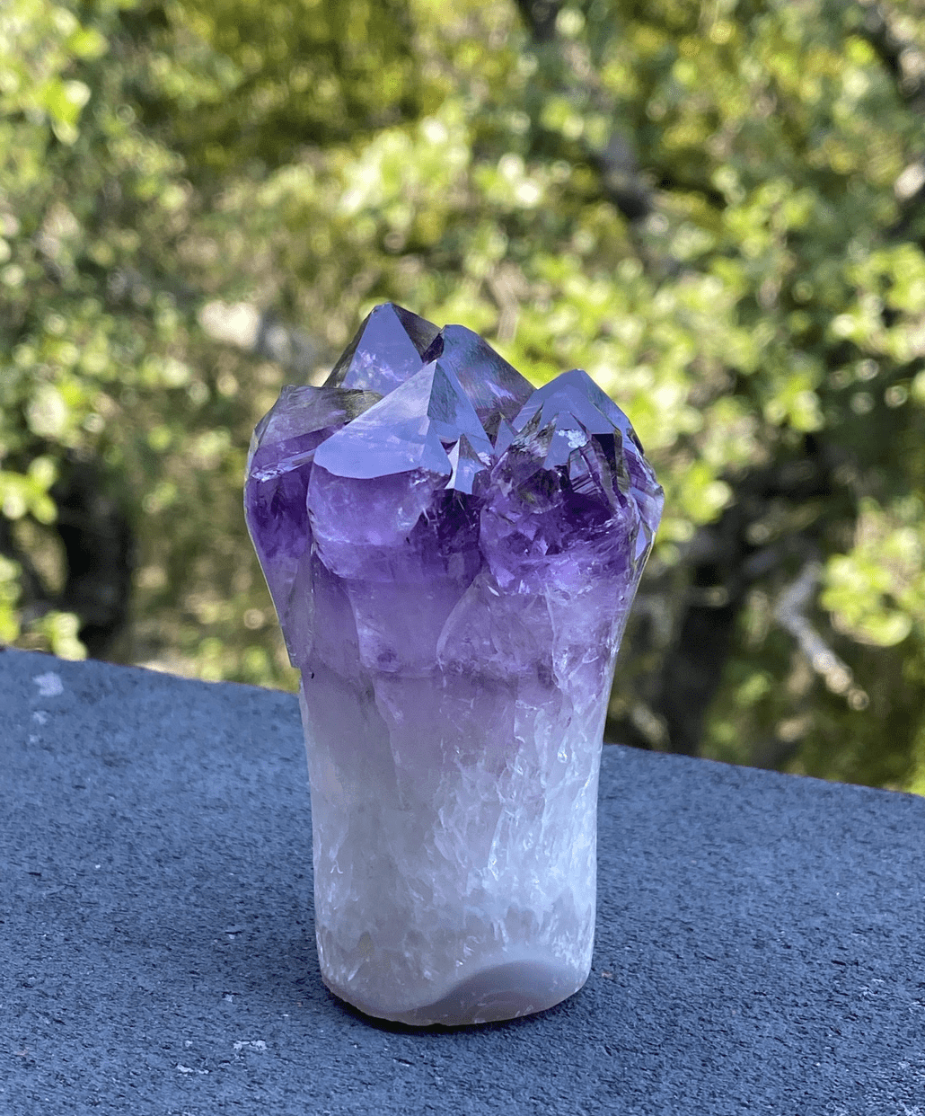 Amethyst crystal bouquet featuring a geode cut with Agate base, promoting spiritual growth and balance.