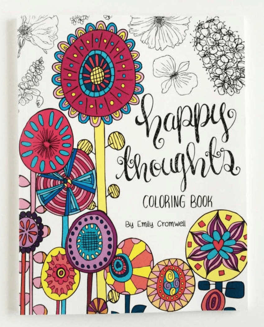 Happy Thoughts Inspirational Coloring Book with whimsical, hand-drawn illustrations and uplifting phrases, perfect for boosting your mood