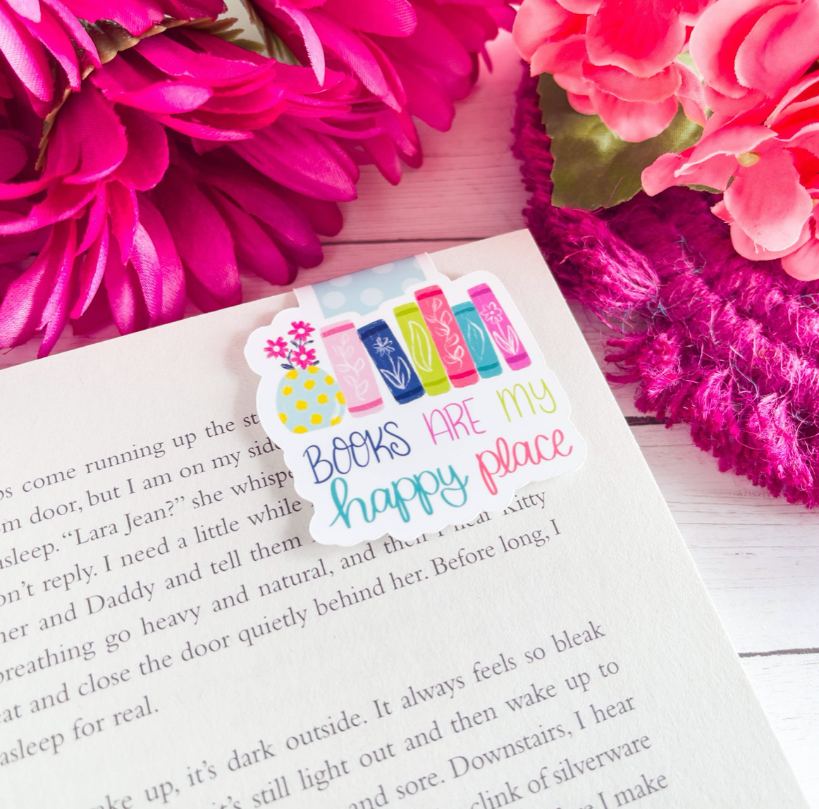 Books Are My Happy Place magnetic bookmark with a book stack design, perfect for marking pages and gifting to book lovers