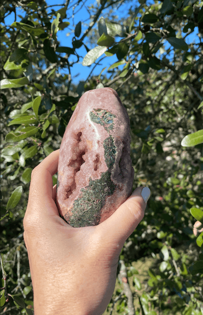 Polished Quartz and Rose Jasper Crystal Tower with glittering pink hues, ideal for stress relief and home decoration