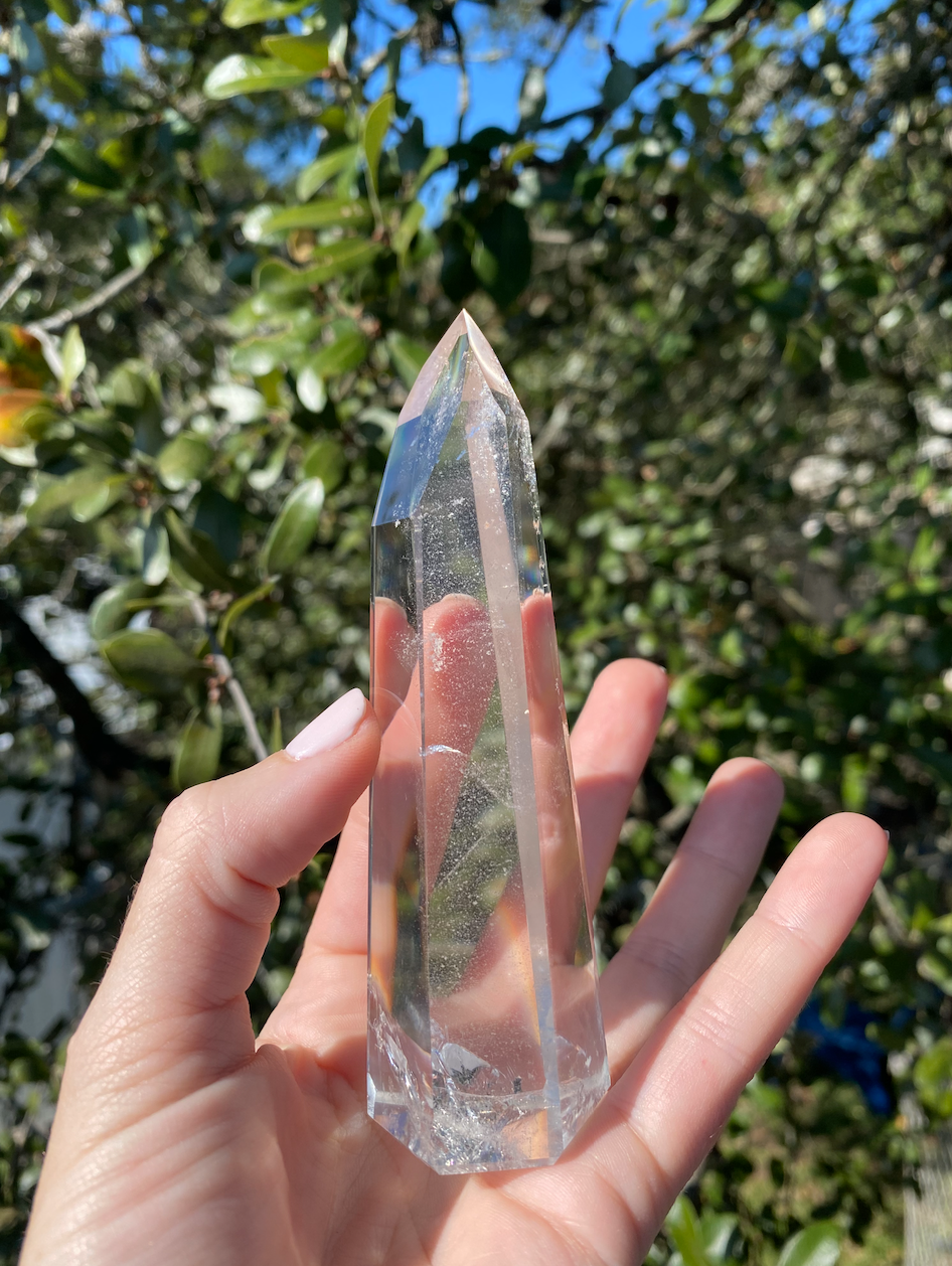 Lemurian Quartz Tower, six polished sides reveal inner clarity, ideal for harnessing the purifying and healing energies of this unique stone