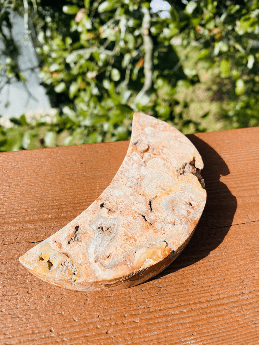 Sliced Agate Crescent Moon, hand-carved and polished, promotes confidence, courage, and happiness with beautiful earthy patterns