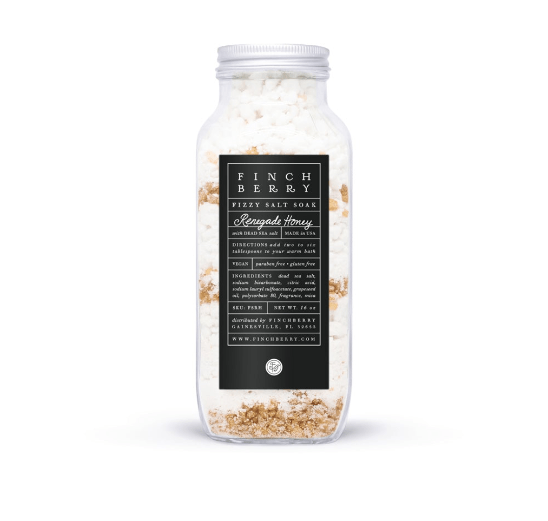 Renegade Honey Fizzy Salt Soak with honey and almond scent, combining bath bomb and sea salt for a relaxing, luxurious soak