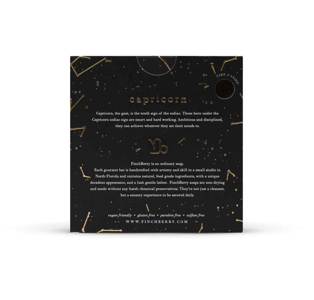Vegan soap inspired by the Capricorn zodiac, featuring white tea, ginger, and green clover for a rich, satisfying scent
