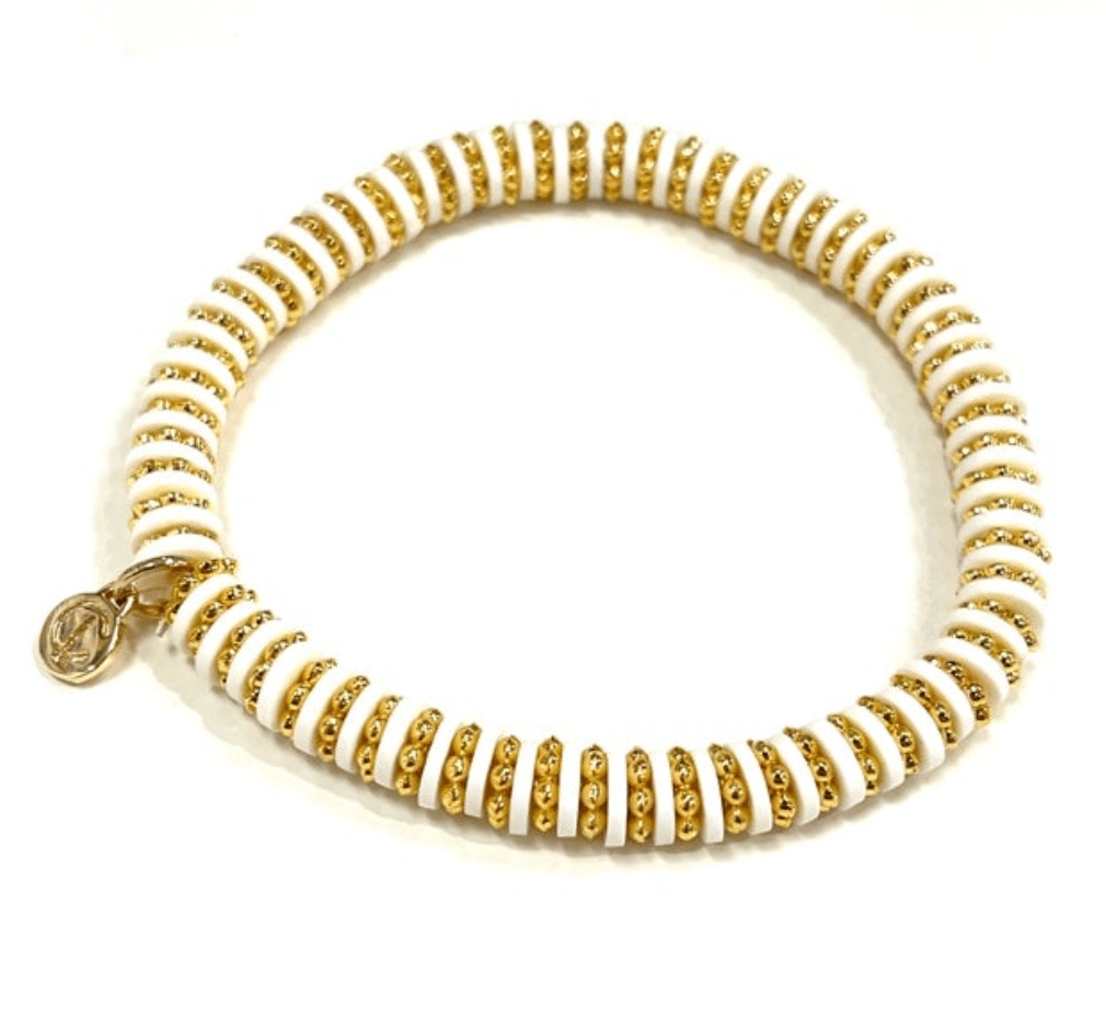 White Shelli Bracelet with 14k overlay beads, a chic accessory to complete your outfit, beautiful when worn alone or layered