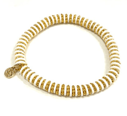 White Shelli Bracelet with 14k overlay beads, a chic accessory to complete your outfit, beautiful when worn alone or layered
