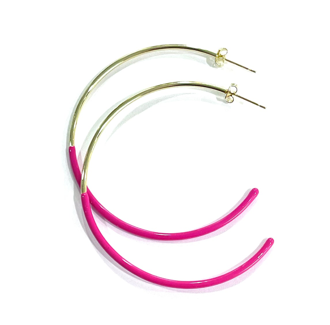 lightweight duo pink hoop earrings, 2-inch with 14k gold overlay on brass, perfect for adding a stylish and playful touch to your look