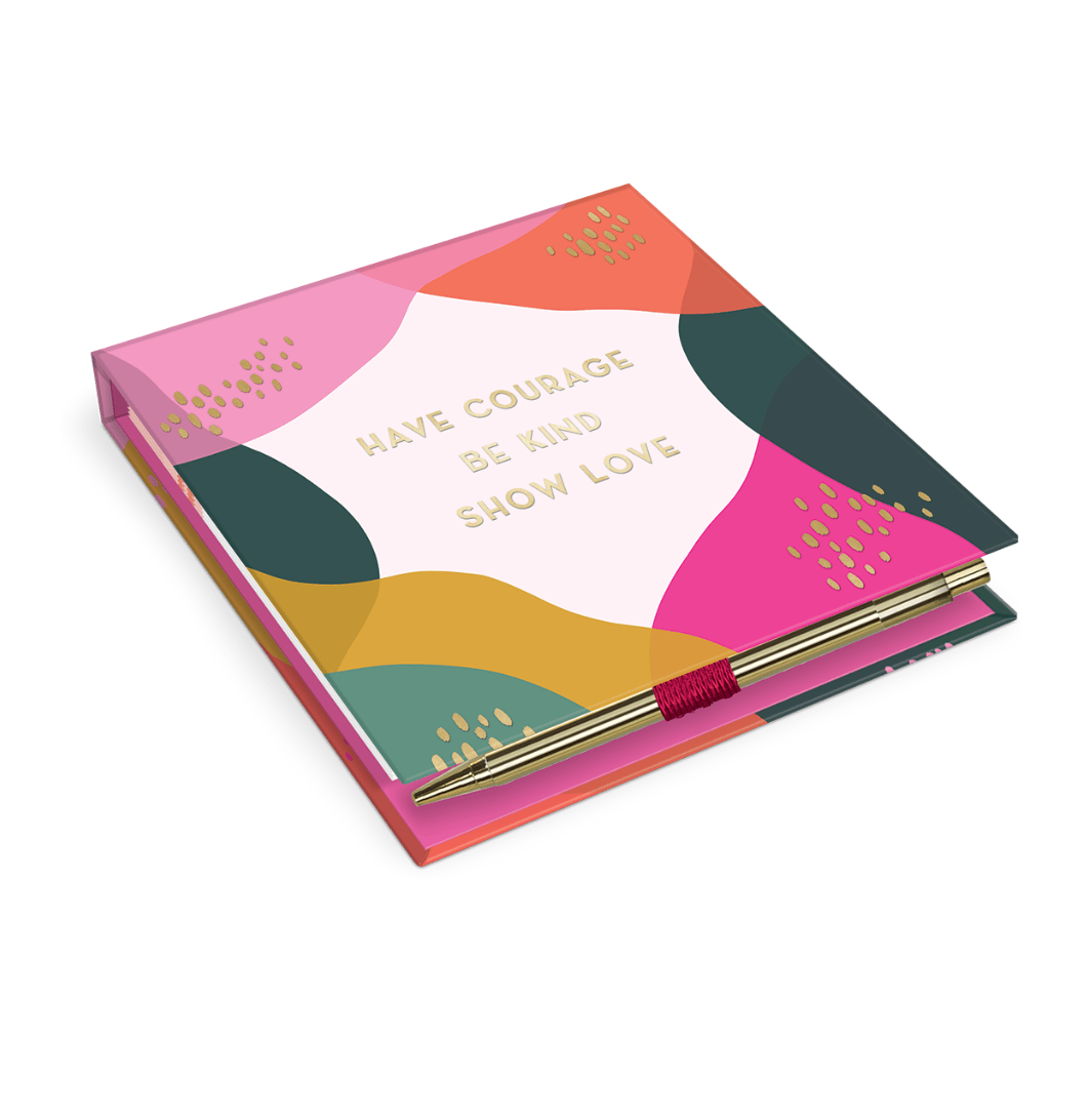 Sunlit Notepad with matching golden pen, compact and classy, perfect for keeping in your car, desk, or purse for quick note-taking