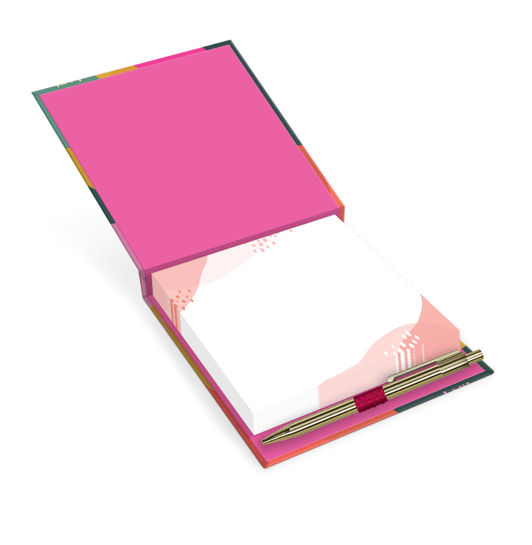 Opened Sunlit Notepad reveals crisp pages, paired with a golden pen, ideal for taking notes on the go with elegance and convenience