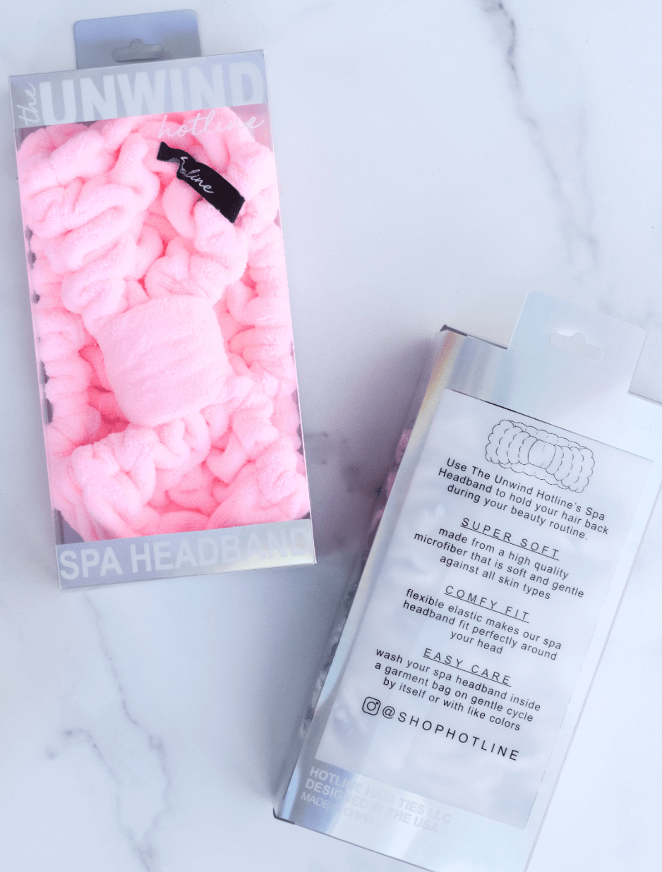 Soft pink Stella Spa Headband, made from plush microfiber, offers a gentle, spa-like touch during your skincare or self-care routine