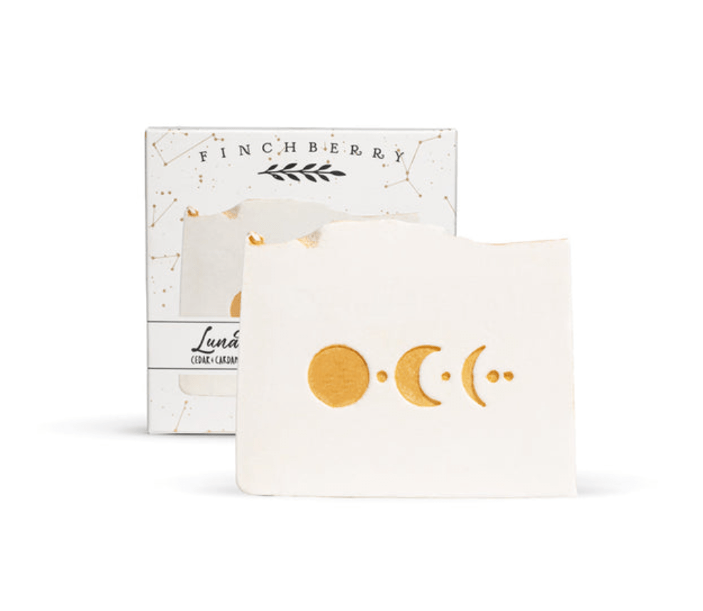 Lunar Vegan Soap with cardamom and cedar scent, mild on skin, gold-flecked, designed for introspection and a Zen-like experience