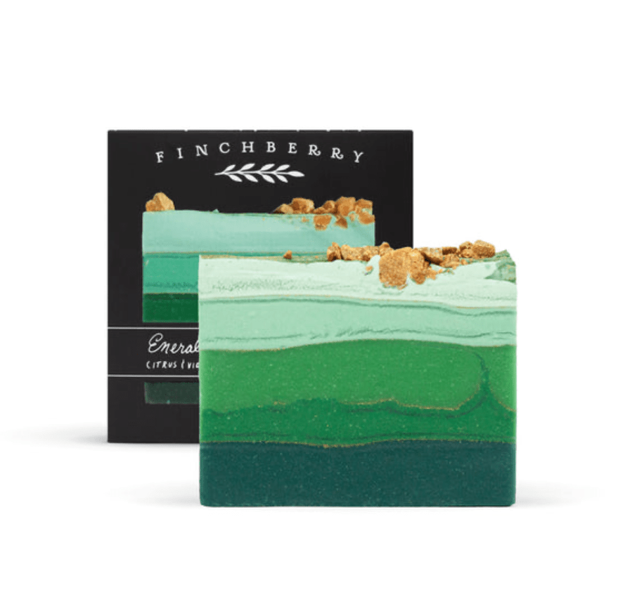 emerald handcrafted vegan soap with citrus and violet scent, made with organic oils, shea butter, and natural ingredients for nourishing skin