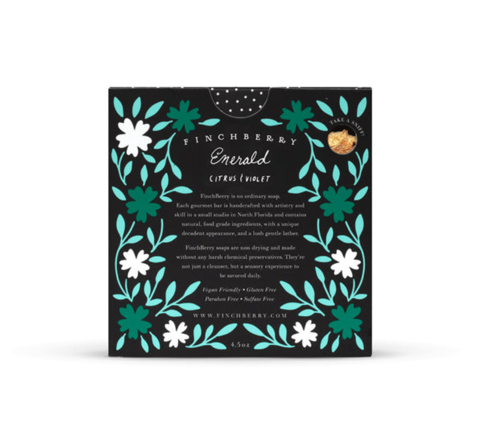 handcrafted emerald vegan soap, organic olive and coconut oils with shea butter, uplifting citrus and violet scent for a serene cleanse