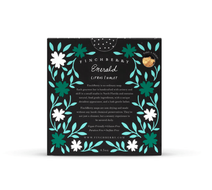 handcrafted emerald vegan soap, organic olive and coconut oils with shea butter, uplifting citrus and violet scent for a serene cleanse