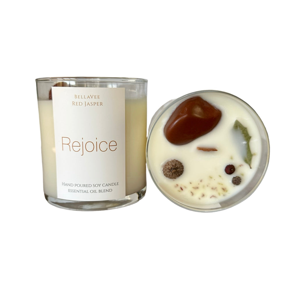 Rejoice- Red Jasper Holiday Crystal Candle