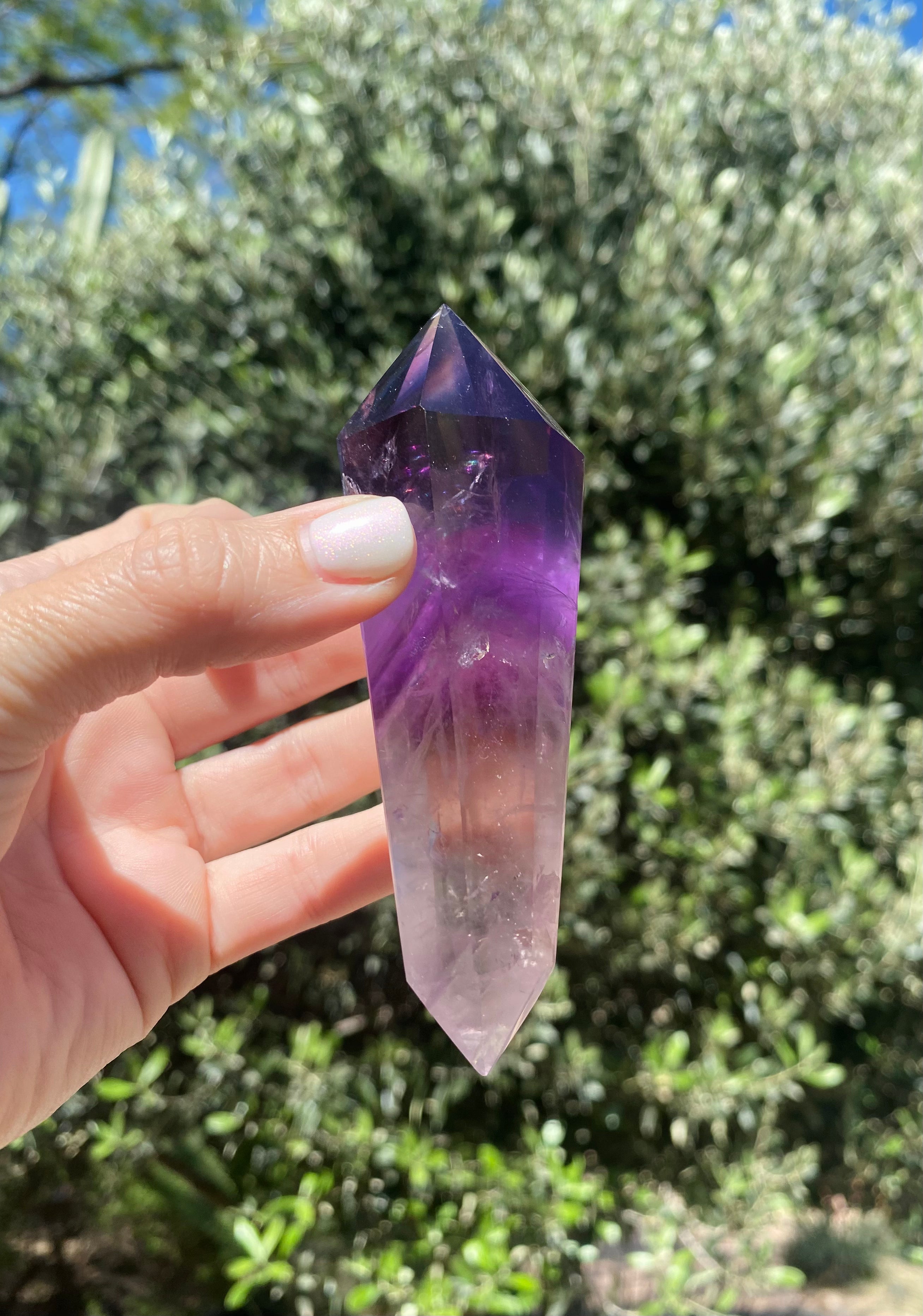 double point amethyst crystal, bridges energy flow and promotes spiritual growth, linked to third eye and crown chakras