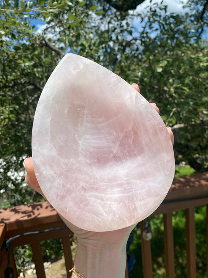 Large Rose Quartz Bowl hand-polished into a tear-drop shape, symbolizing universal love, associated with heart and throat chakras.