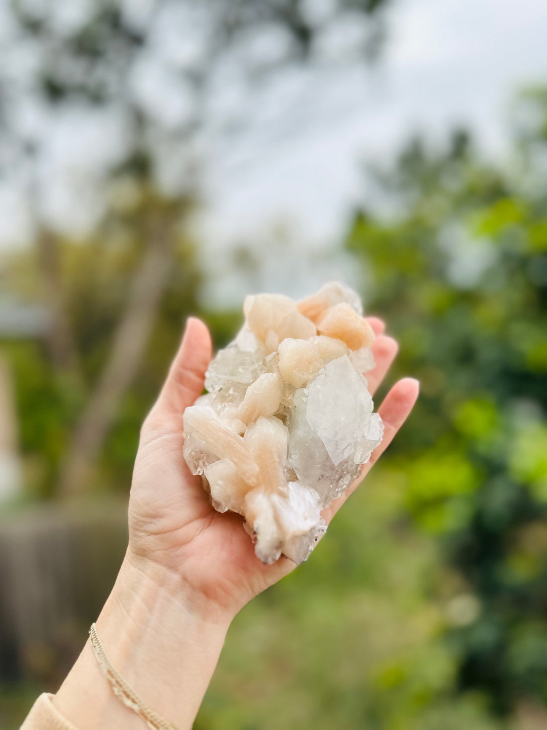 Pink Stilbite and Clear Quartz crystal for love and healing, unblocks the heart chakra and radiates joy, peace, and high vibrations