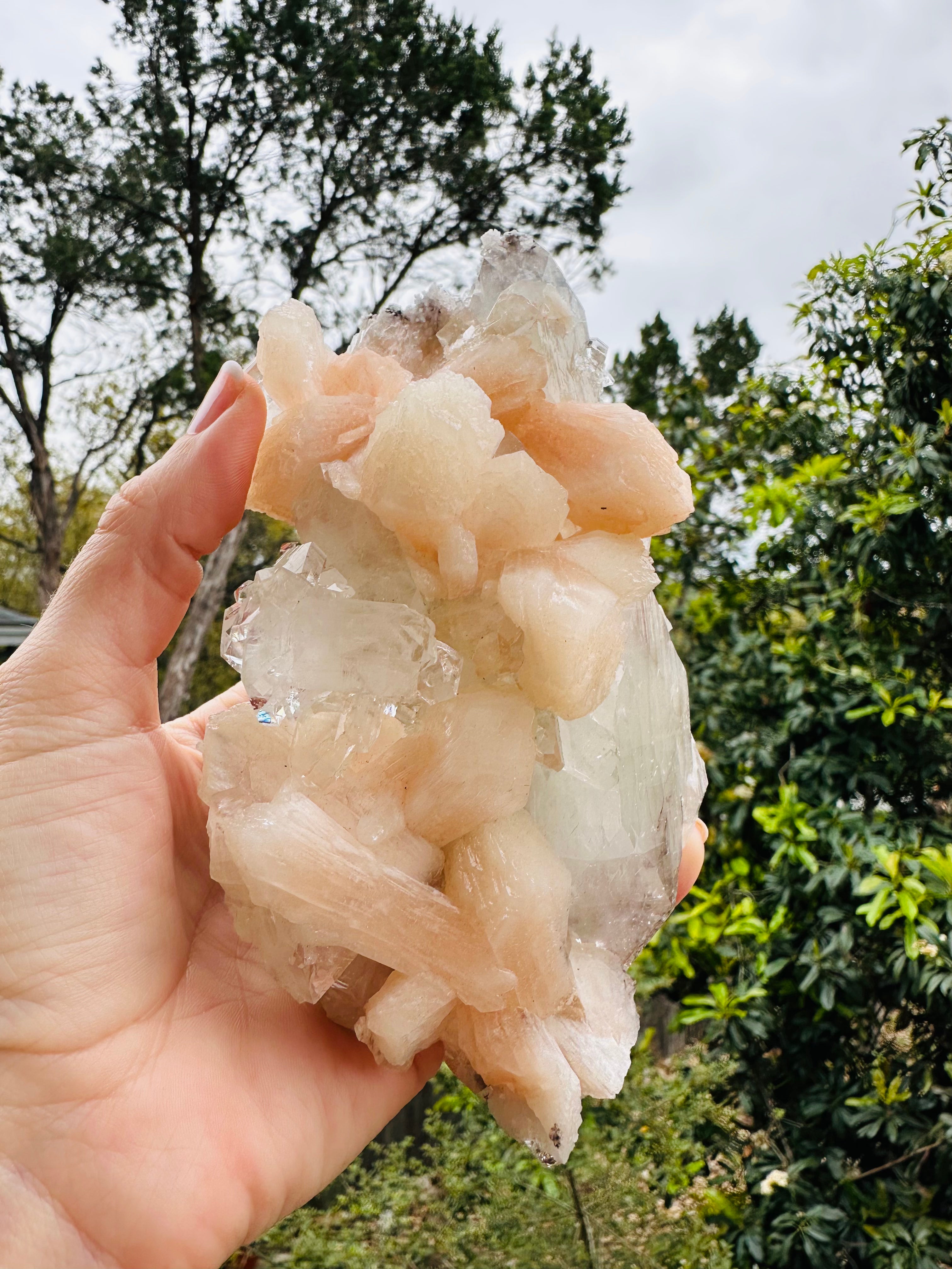 Pink Stilbite and Clear Quartz crystal for couples, promotes love, acceptance, and joy with powerful heart chakra and healing energies