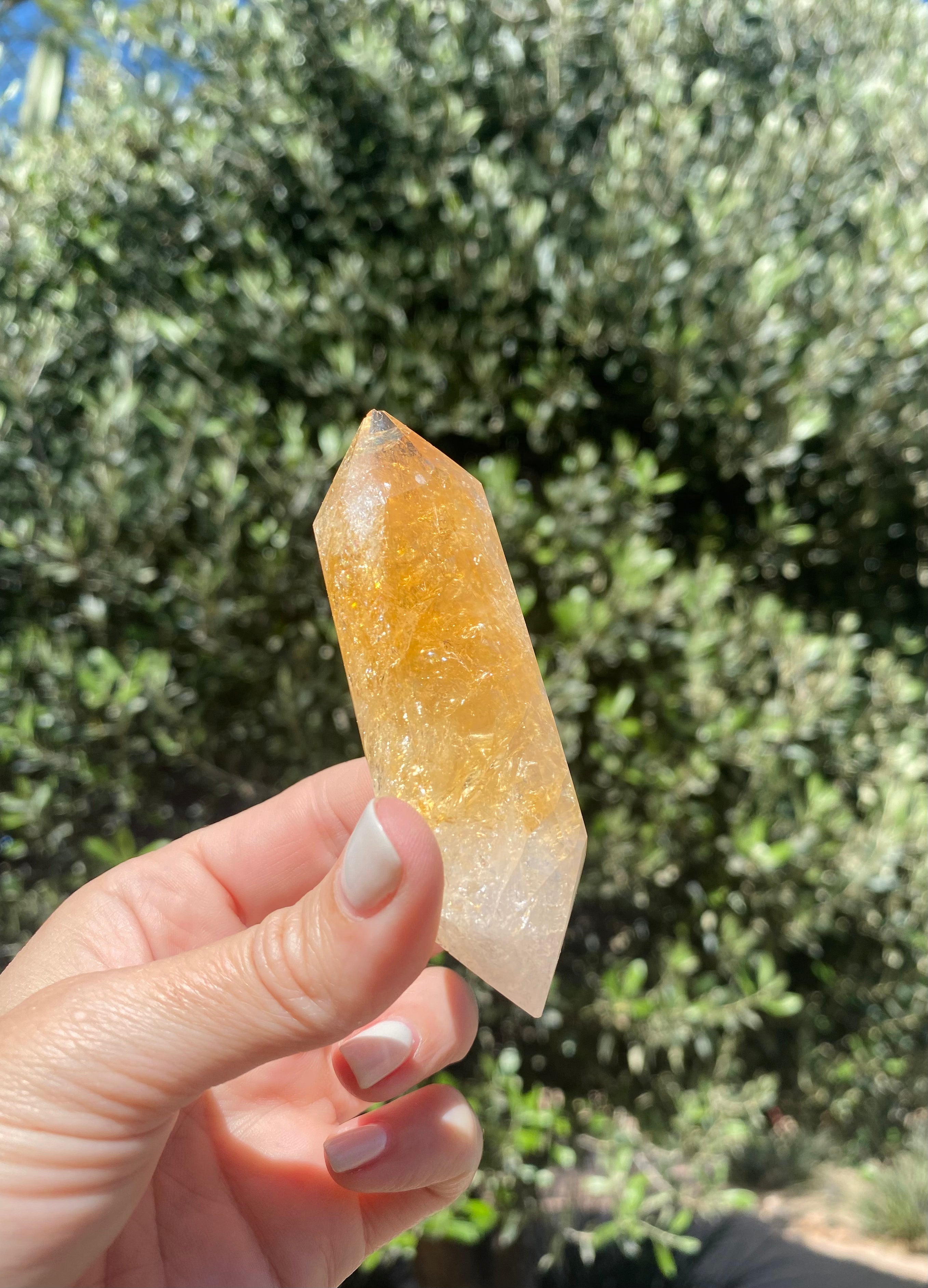 citrine double point crystal, brings joy and abundance, linked to solar plexus chakra, enhances intuition and clears negative energy