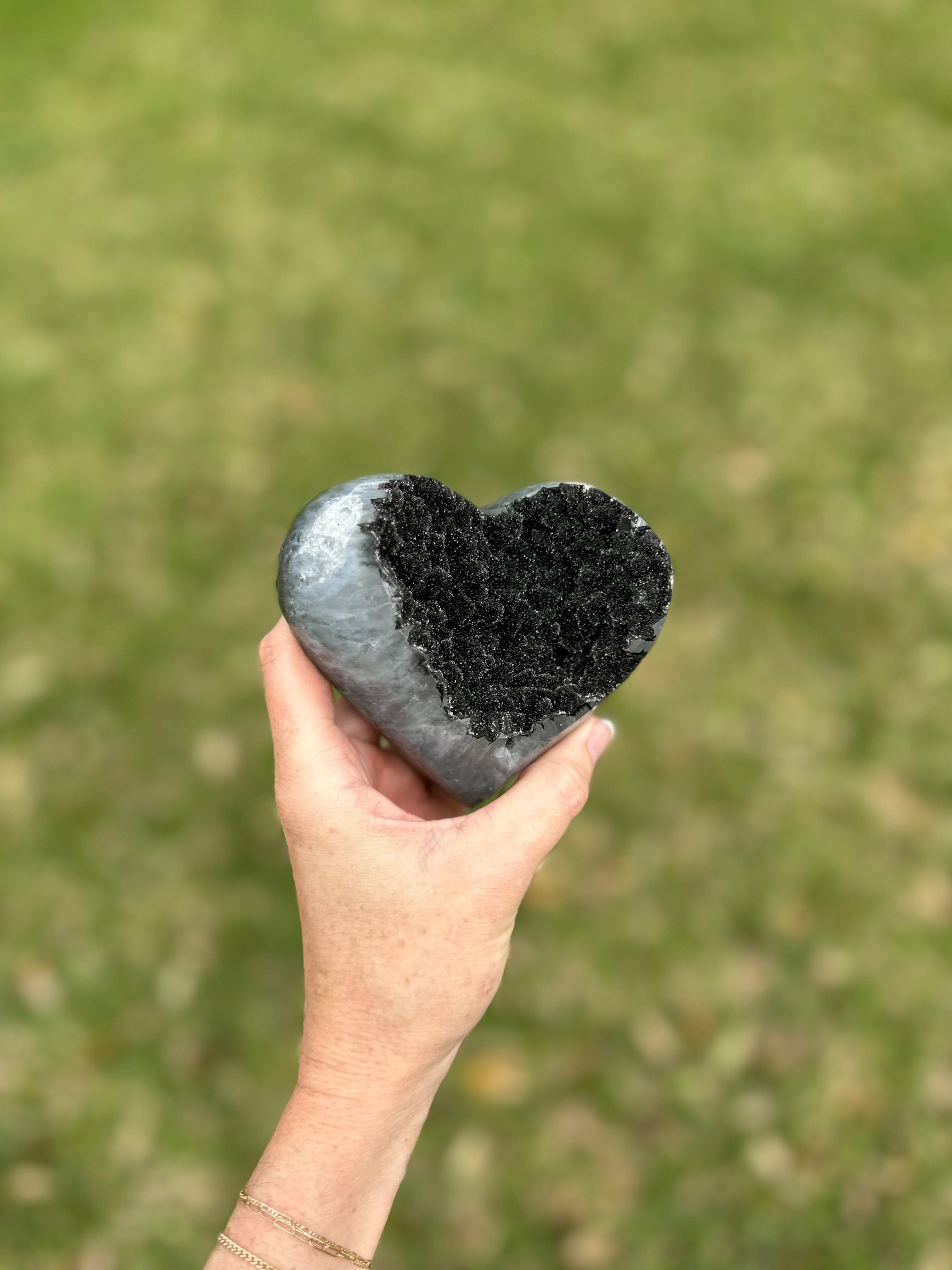 Feel the calming energy of the Very Rare Black Amethyst Heart, perfect for meditation and emotional balance