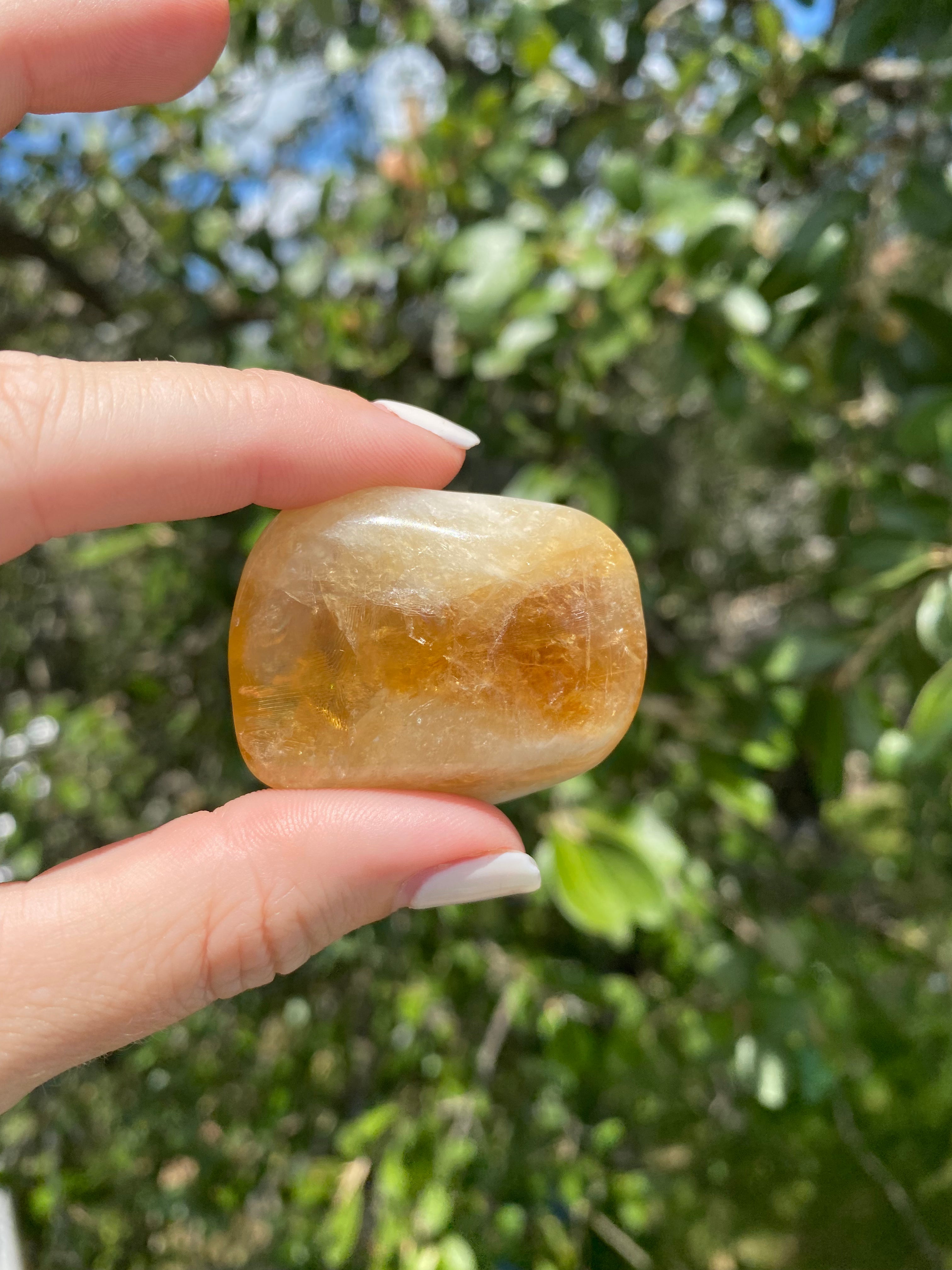 Citrine Crystal Tumble, promoting joy and confidence, connected to the solar plexus chakra and November birthstone