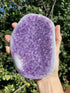 Large Amethyst crystal with baby blue and white Agate banding, featuring vibrant purple crystals for healing and stress relief.