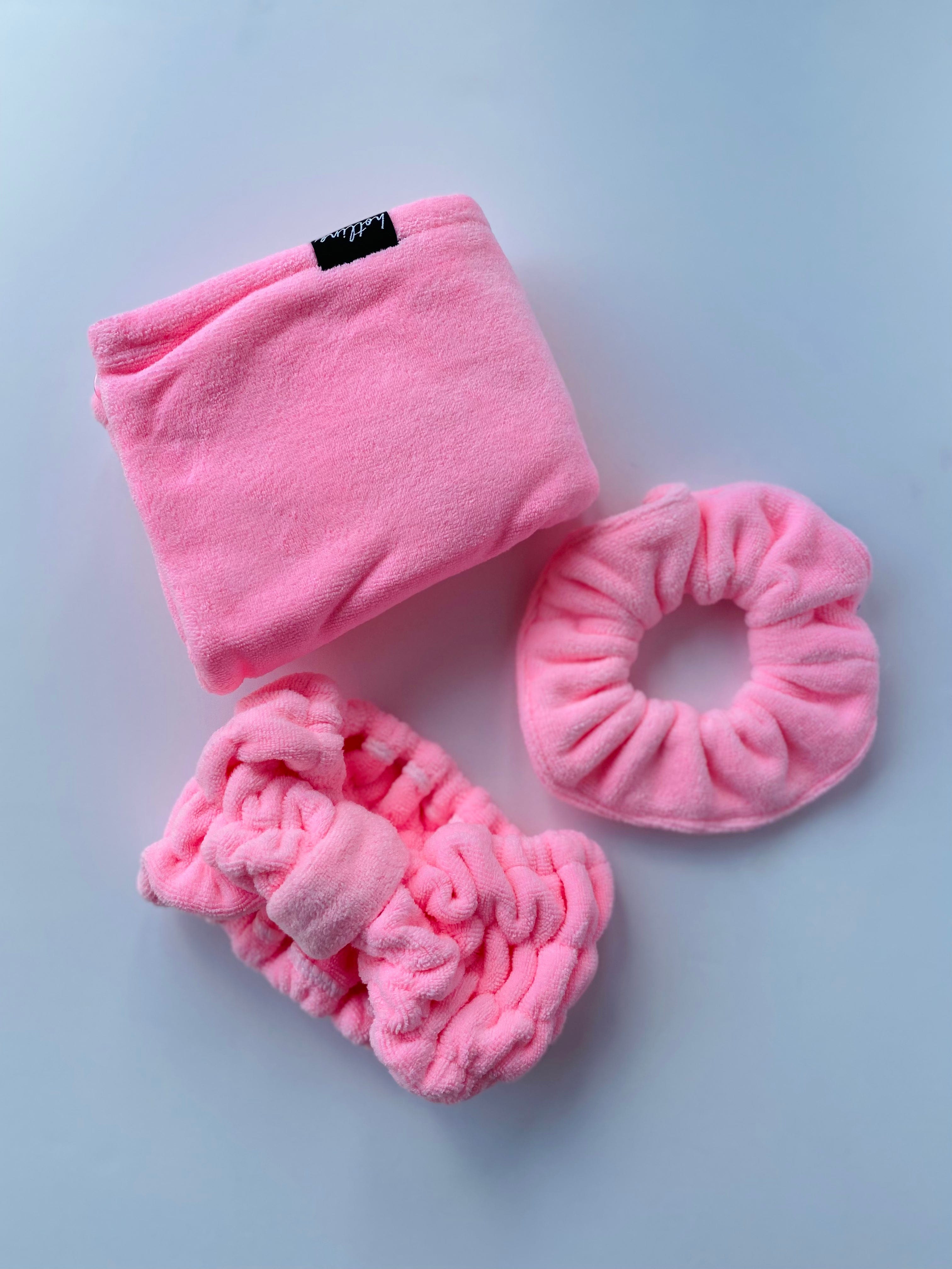 Mya Microfiber Scrunchie in soft pink, perfect for wrapping up your hair after a relaxing spa night or daily use