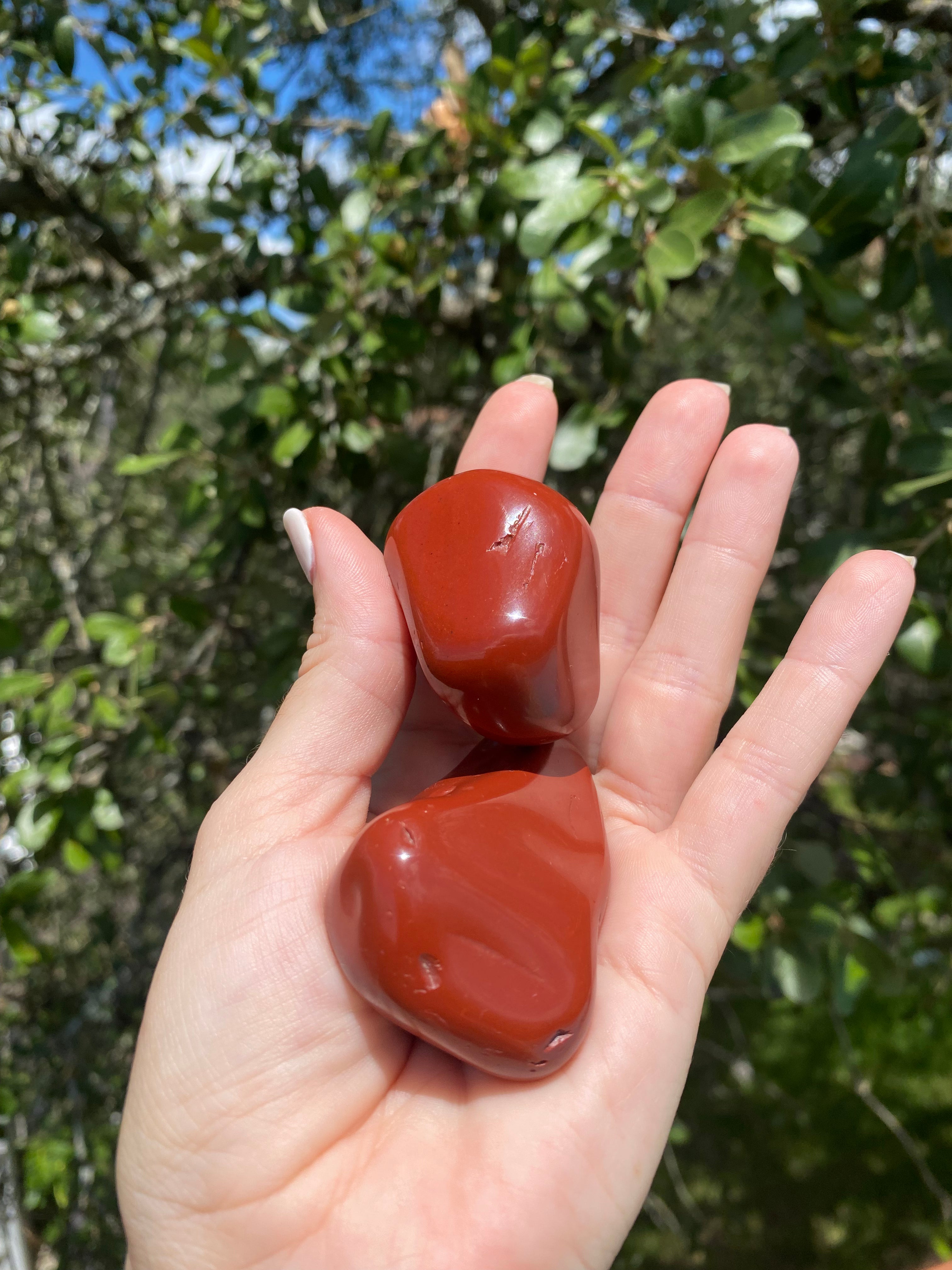 Red Jasper Tumble Stone reflects warm red hues in sunlight, enhancing grounding energy and balancing the root chakra