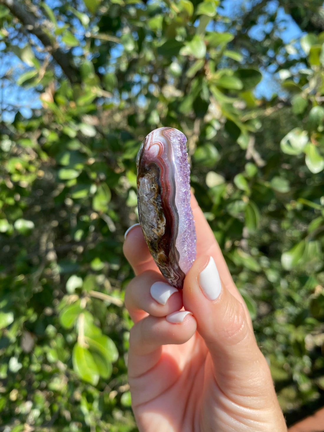Stunning Amethyst heart with Brazilian Agate banding, a powerful stone for protection and energy transmutation.