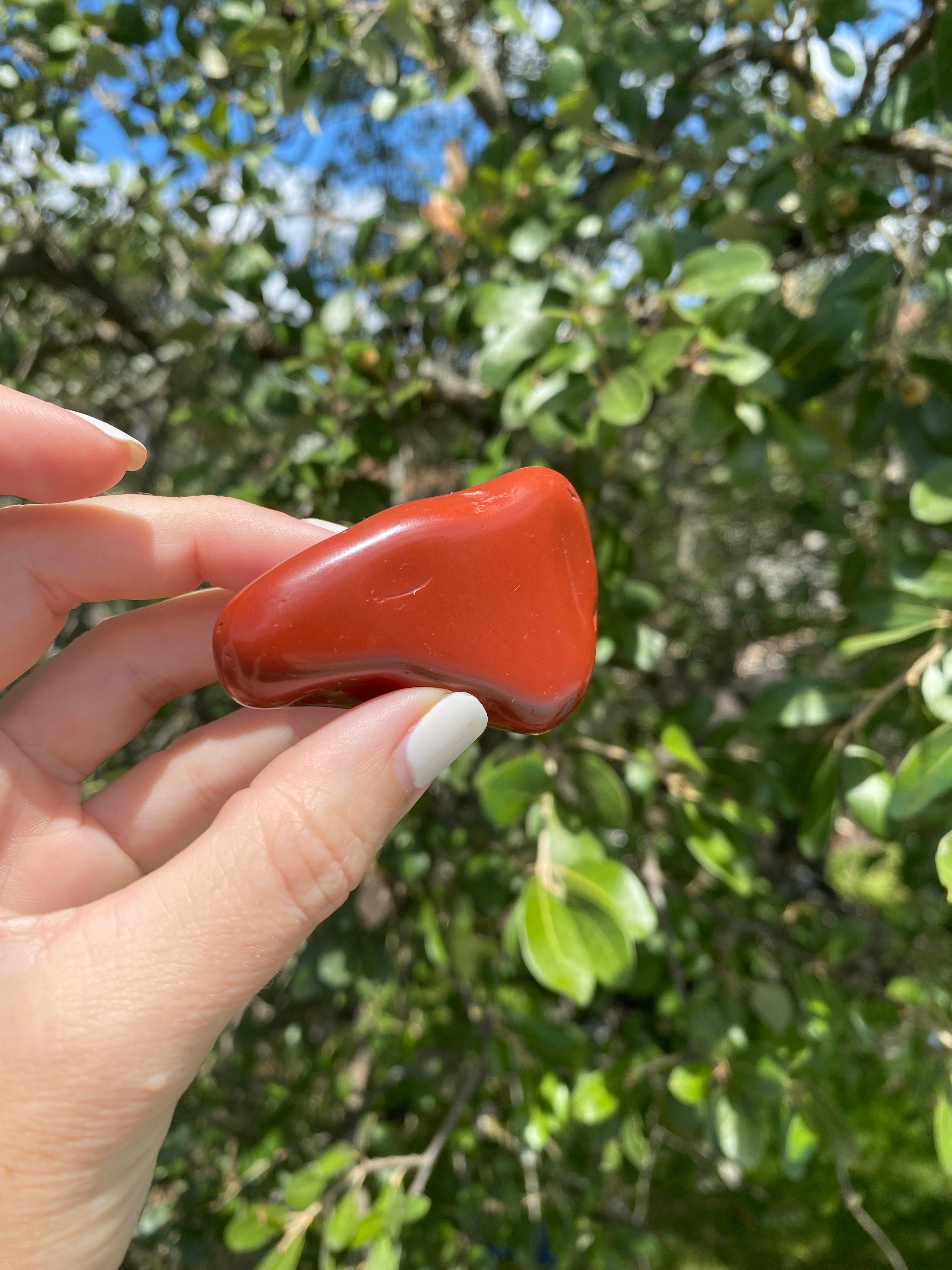 rich red tones of Red Jasper Tumble Stone are illuminated under the sun, promoting grounding and connection to lower chakras