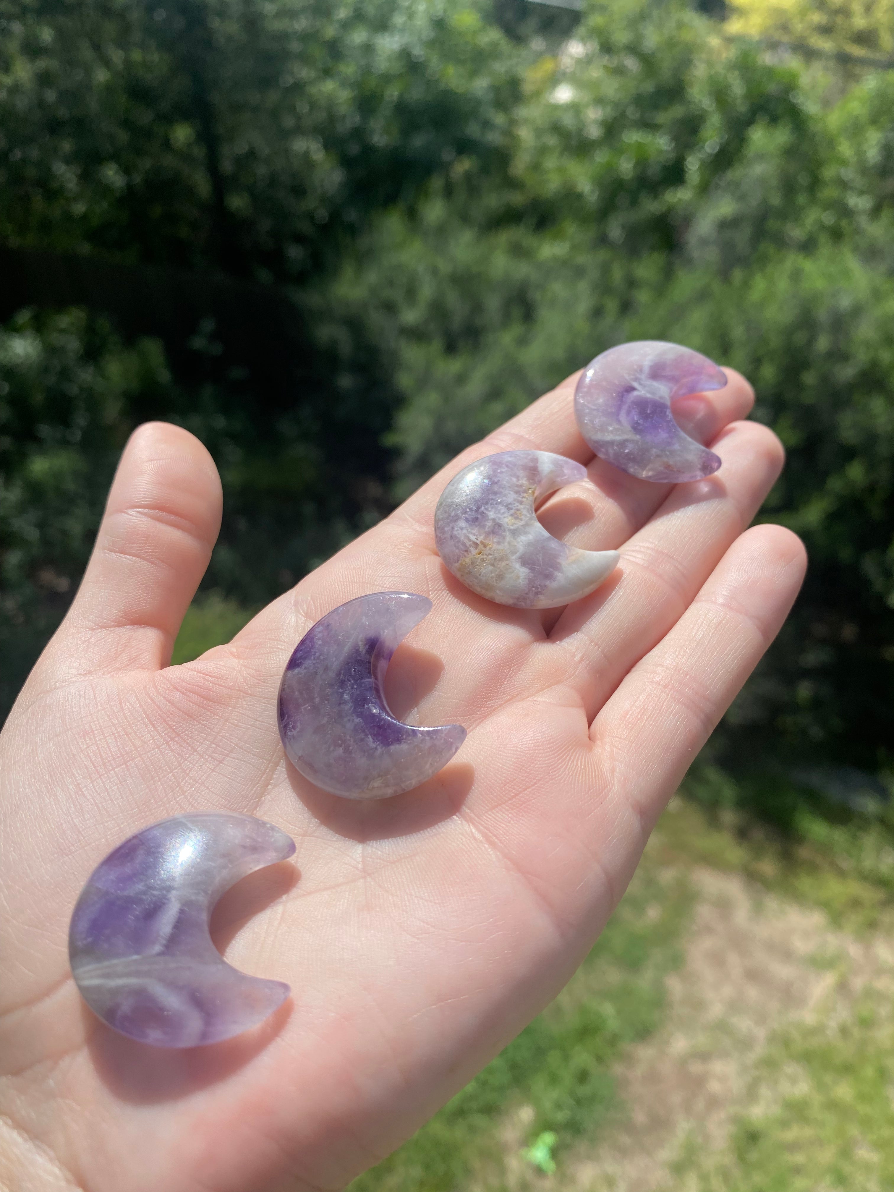 Amethyst Moon Carved Pocket Stone, ideal for calming and connecting with spiritual energy, offering stress relief and balance